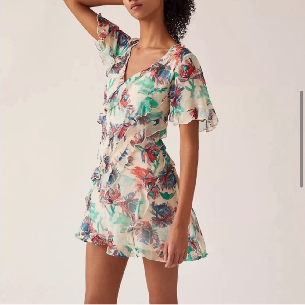 Anthropologie Soft Printed Mini Dress Size‎ XS Flutter Sleeves Watercolor Floral